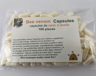 Cápsulas de veneno de abeja, cápsulas de venin d'abeille, Cápsulas de veneno de abeja 100 piezas. Suplemento alimenticio