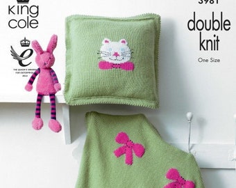 /& Cushion Baby Knitting Pattern K3981 Babies Kitty Cat Blanket Knitting Pattern DK Light Worsted Throw Pillow King Cole