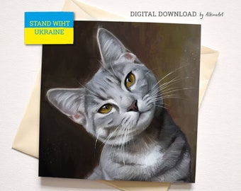 Téléchargement numérique de l'Ukraine, solidarité avec l'Ukraine, carte postale de peinture à l'huile de chat, paix pour l'Ukraine