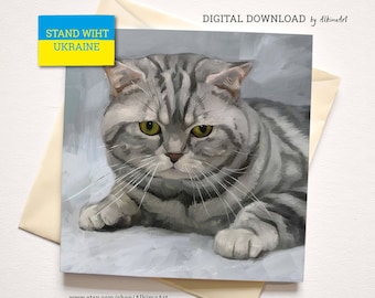 Ukrainian artists digital downloads, Cat oil painting postcard, Stand with Ukraine