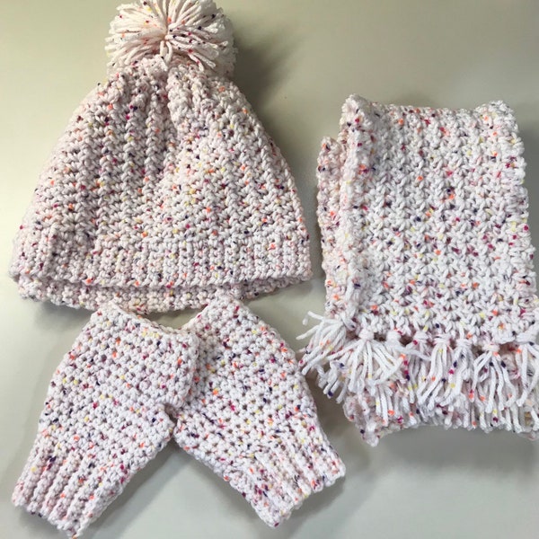 Crocheted Hat Set with Scarf and Wrist Warmers/ Fingerless Gloves