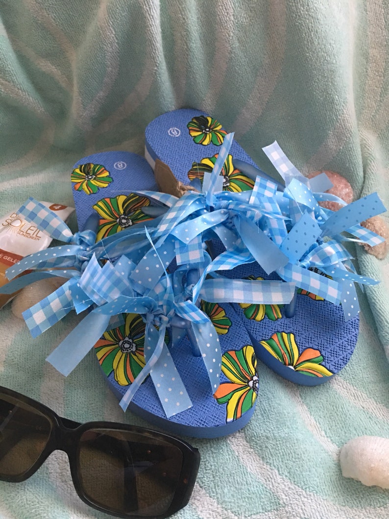 Ladies Decorated Embellished 1-14 Wedge Flip Flops Cornflower Blue M 78