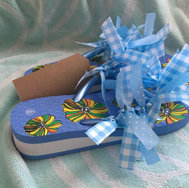 Ladies Decorated Embellished 1-14 Wedge Flip Flops Cornflower Blue M 78