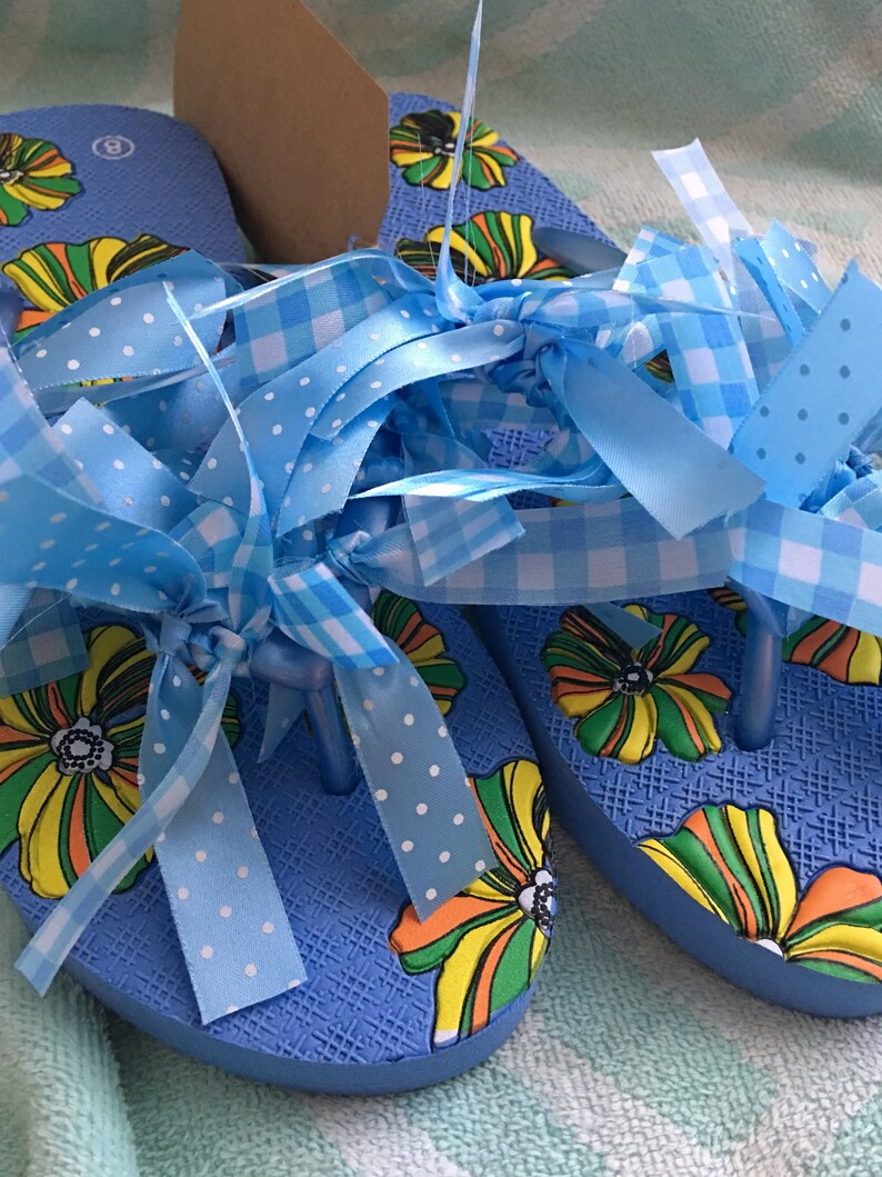 Ladies Decorated Embellished 1-14 Wedge Flip Flops Cornflower Blue M 78