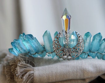 Blue Ocean Crystal Crown | Cordelia Daughter of the Sea | Handmade Tiaras with Vintage Silver Moon | Boho Head Accessories