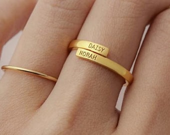 Personalisierter Paar-Namensring aus 18 Karat Gold, verstellbarer personalisierter Schmuck, zierlicher Namensring, Geschenk für Sie