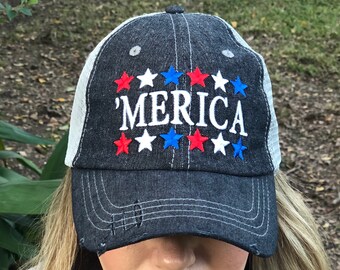 Merica America USA 4th of July Embroidered Baseball Hat Mesh Trucker Style Hat Cap Dark Grey