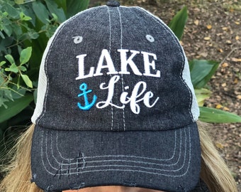 Lake Life Embroidered Baseball Hat Mesh Trucker Style Hat Cap Lake Lover Boating Vacation Summer Hat Dark Grey