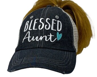 Blessed Aunt Embroidered Messy Bun High Ponytail Baseball Hat Mesh Trucker Style Hat Cap Mothers Day Pregnancy Announcement