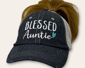 Blessed Auntie Embroidered MESSY BUN High Ponytail Baseball Hat Mesh Trucker Style Hat Cap Mothers Day Pregnancy Announcement