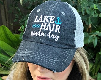 Lake Hair Kinda Day Embroidered Baseball Hat Mesh Trucker Style Hat Cap Lake Life Dark Grey