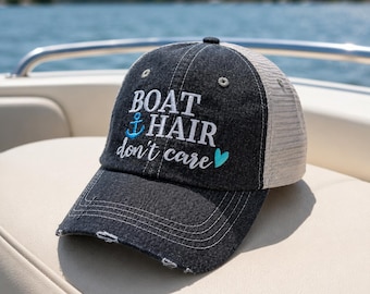 Boat Hair Don't Care MESSY BUN Top PONYTAIL Baseball Hat Mesh Trucker Style Hat Cap Boat lovers Boating hat