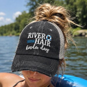 River Hair Kinda Day Embroidered MESSY BUN Top PONYTAIL Baseball Hat Mesh Trucker Style Hat Cap Float River Hat Dark Grey