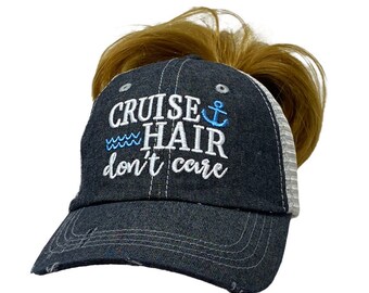 Cruise Hair Don't Care MESSY BUN Top High PONYTAILEmbroidered Baseball Hat Mesh Trucker Style Hat Cap Cruise Vacation Dark Grey