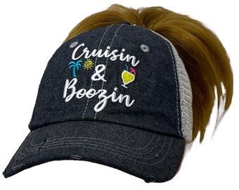 Cruisin and Boozin Embroidered MESSY BUN HIGH Ponytail Baseball Hat Mesh Trucker Style Hat Cap Cruise Vacation Dark Grey