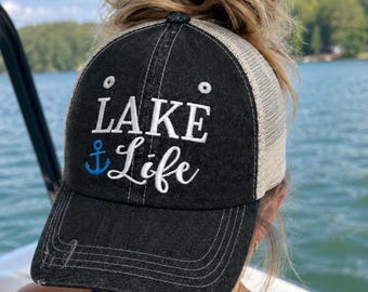 Lake Life Embroidered Baseball Hat Mesh MESSY BUN Top PONYTAIL Trucker Style Hat Cap Lake Lover Boating Vacation Summer Hat Dark Grey