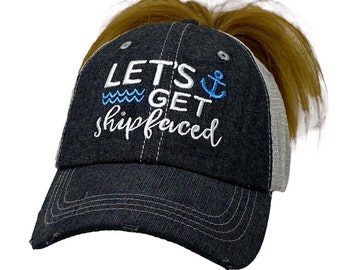 Let's Get Shipfaced MESSY BUN HIGH Ponytail Embroidered Baseball Hat Mesh Trucker Style Hat Cap Cruise Vacation Dark Grey