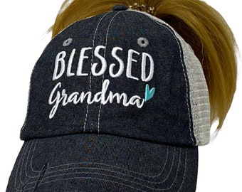 Blessed Grandma Messy Bun High Ponytail Embroidered Baseball Hat Mesh Trucker Style Hat Cap Mothers Day Pregnancy Announcement