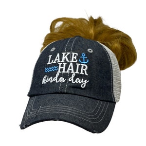 Lake Hair Kinda Day Embroidered MESSY BUN Top PONYTAIL Baseball Hat Mesh Trucker Style Hat Cap Lake Life Dark Grey