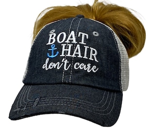 Boat Hair Don't Care MESSY BUN Top PONYTAIL Baseball Hat Mesh Trucker Style Hat Cap Boat lovers Boating hat