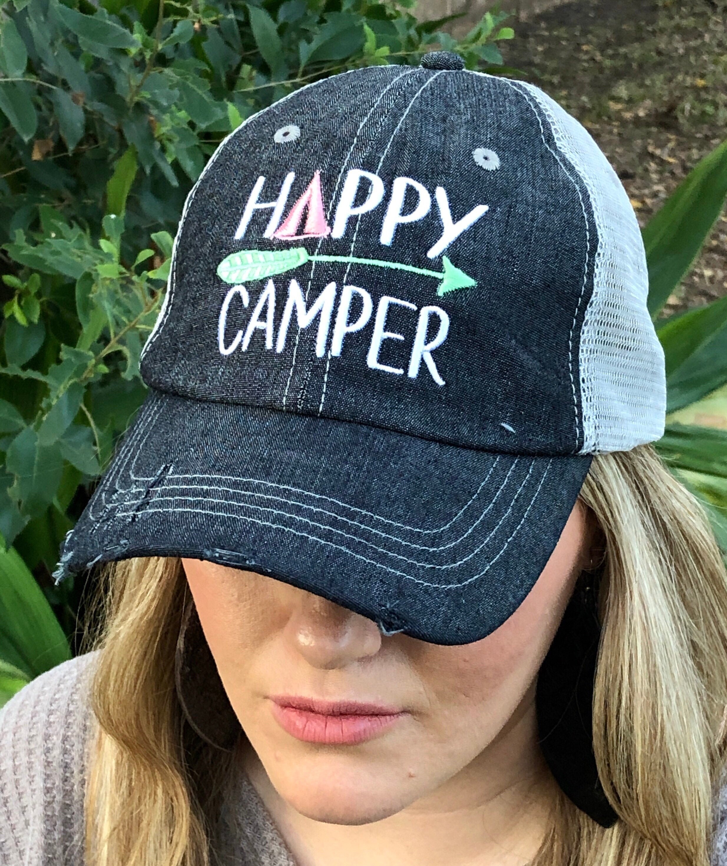 Happy Camper Embroidered Baseball Hat Mesh Trucker Style Hat Cap