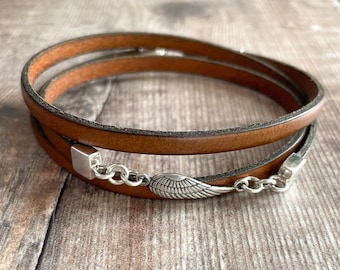 Sideways Angel Wing Bracelet, Sterling Silver & Leather Bracelet, Leather Bracelet Men, Angel Wing Leather Wrap, Unisex Angel Wing Jewelry