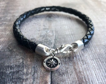 Silver Compass Bracelet, Braided Leather Bracelet, Sterling Silver & Leather Bracelet, Single Wrap, Compass Jewellery, Find your true north