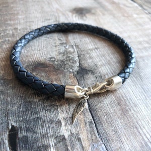 Angel Wing Bracelet, Braided Leather Bracelet, Sterling Silver & Leather Bracelet, Single Wrap, Angel Wing Jewellery for Men