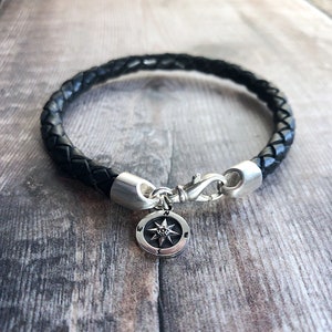 Silver Compass Bracelet, Braided Leather Bracelet, Sterling Silver & Leather Bracelet, Single Wrap, Compass Jewellery, Find your true north