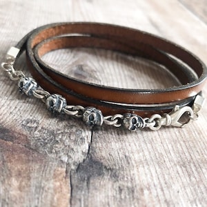 Mens Skull Bracelet, Sterling Silver & Leather Bracelet, Leather Wrap Bracelet, Skull Jewellery