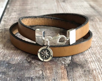 Mens Compass Bracelet, Sterling Silver & Leather Bracelet, Double Leather Wrap, Compass Jewellery for men