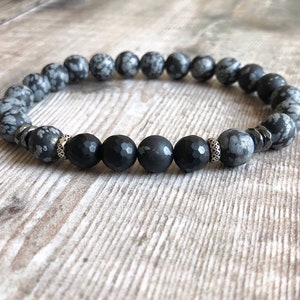 Obsidian Black Onyx Hematite Sterling Silver Bracelet, Beaded Bracelet, Gemstone Jewellery, Gift for men