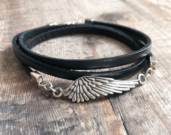 Angel Wing Bracelet, Sterling Silver & Leather Bracelet, Sideways Angel Wing, Leather Wrap Bracelet