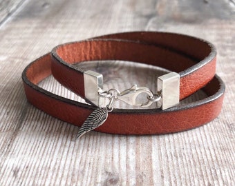 Silver Angel Wing Bracelet, Sterling Silver & Leather Bracelet, Double Wrap Leather Bracelet, Gift For Men