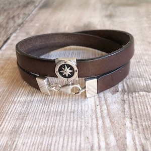 Mens Compass Bracelet, Sterling Silver & Double Wrap Leather Bracelet, Leather Bracelet Men, Nautical Jewellery