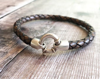 Braided Leather Bracelet, Sterling Silver Clasp with a nautical look, Mens Leather Bracelet, Leather & Sterling Silver Bracelet