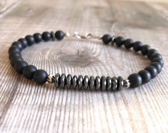 Black Onyx Bracelet, Hematite & Sterling Silver Bracelet, Natural Gemstone Bracelet, Mens Beaded Bracelet, Gift For Men