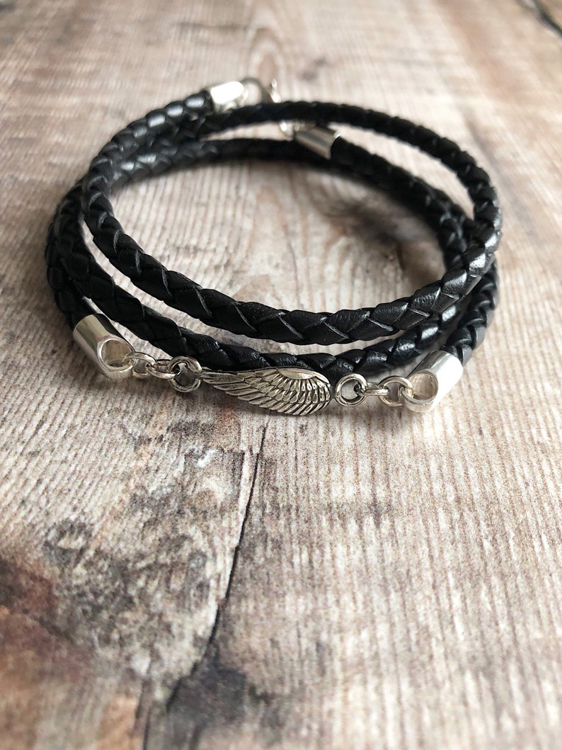 Sterling Silver /& Leather Bracelet Leather Wrap Bracelet Braided Leather Bracelet Angel Wing Jewellery Sideways Angel Wing Bracelet