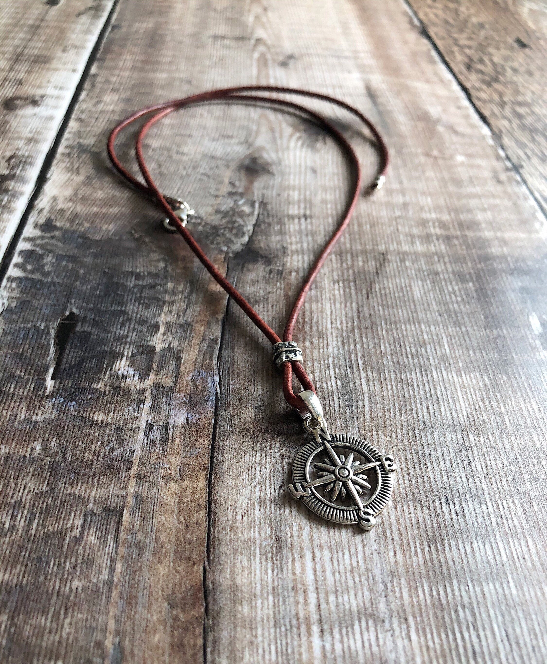 Mens Compass Necklace Vintage Leather 