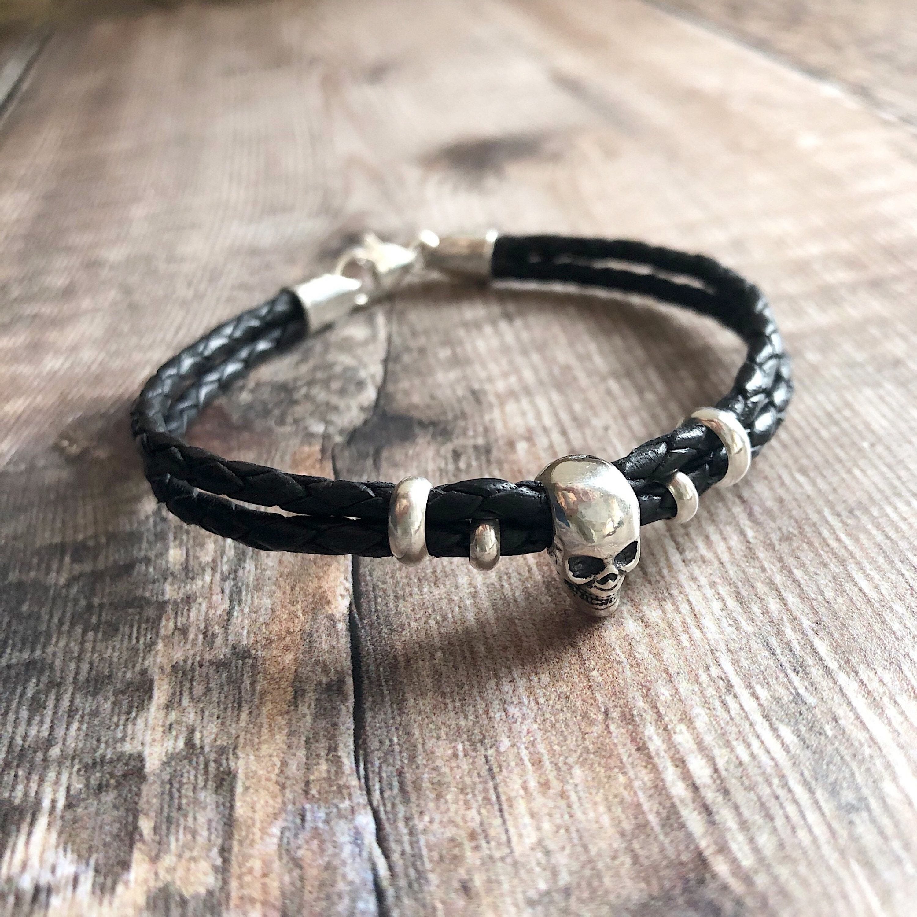 Skull Bracelet for Men Sterling Silver & Leather Bracelet Etsy