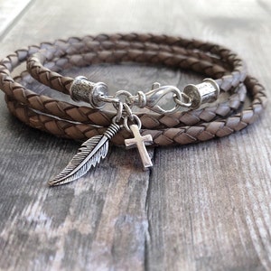 Silver Cross Bracelet, Feather Charm Bracelet, Leather Wrap Bracelet, Sterling Silver & Braided Leather Bracelet, Gift For Men