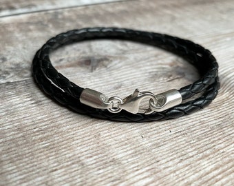 Minimalist Leather Bracelet, Braided Leather Bracelet, Sterling Silver & Leather Bracelet, Double Leather Wrap, Gift For Men, Unisex Gift