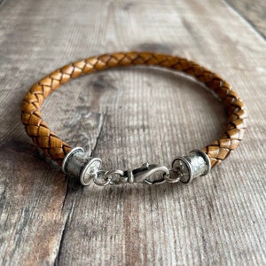 Rustic Leather Bracelet, Sterling Silver & Leather Bracelet, Single Wrap Braided Bracelet, Antiqued Sterling Silver Clasp and End caps