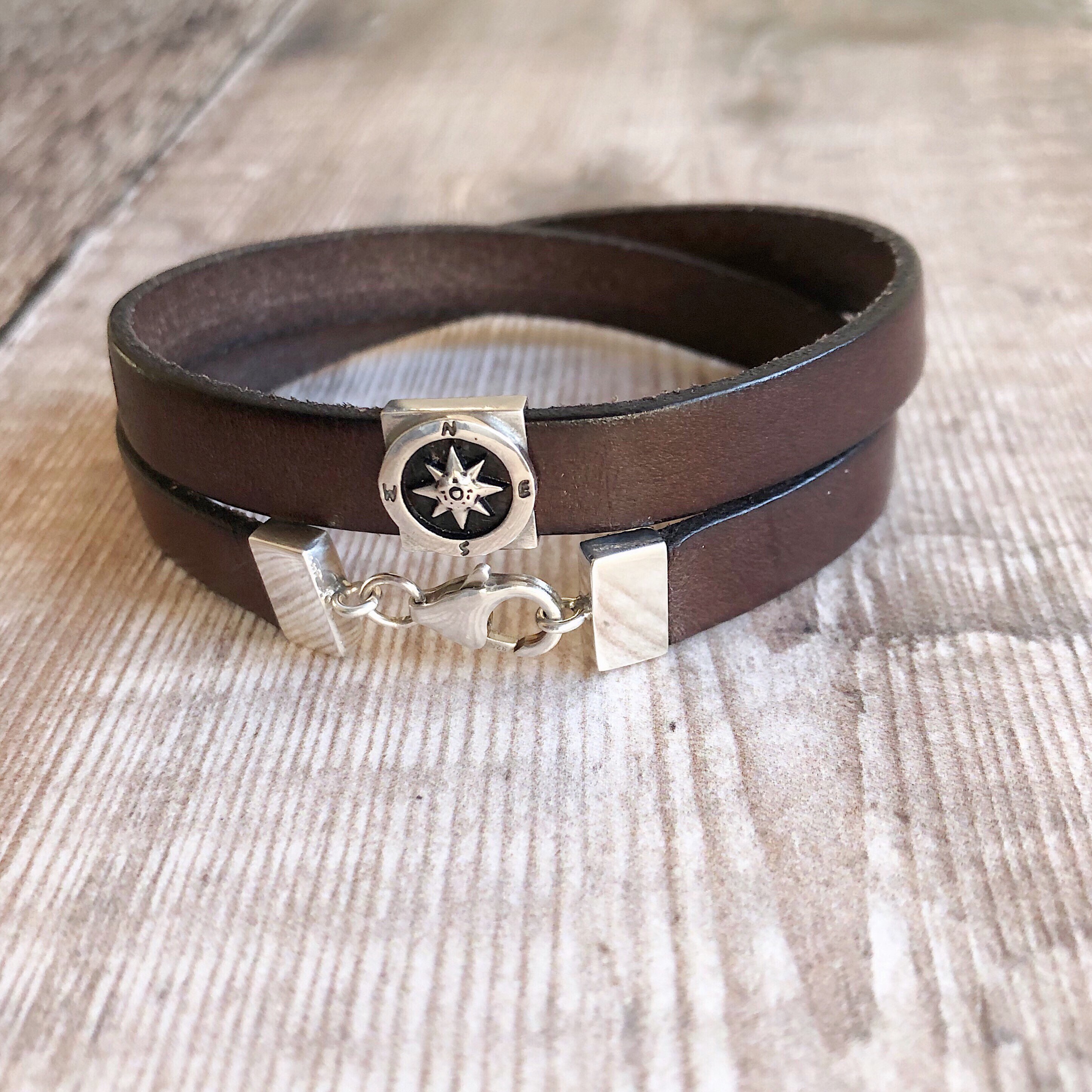 Mens Compass Bracelet Sterling Silver & Double Wrap Leather Etsy