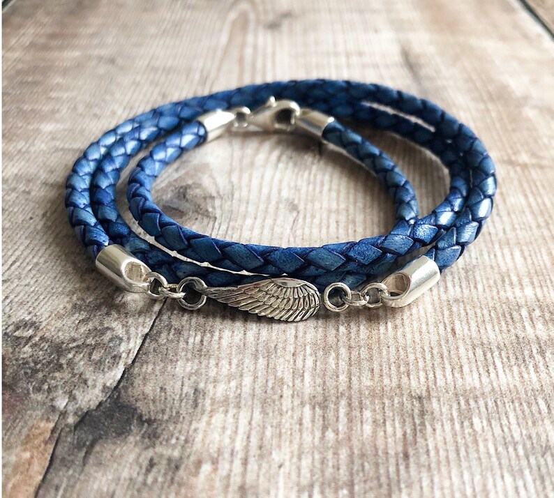 Sterling Silver /& Leather Bracelet Leather Wrap Bracelet Braided Leather Bracelet Angel Wing Jewellery Sideways Angel Wing Bracelet