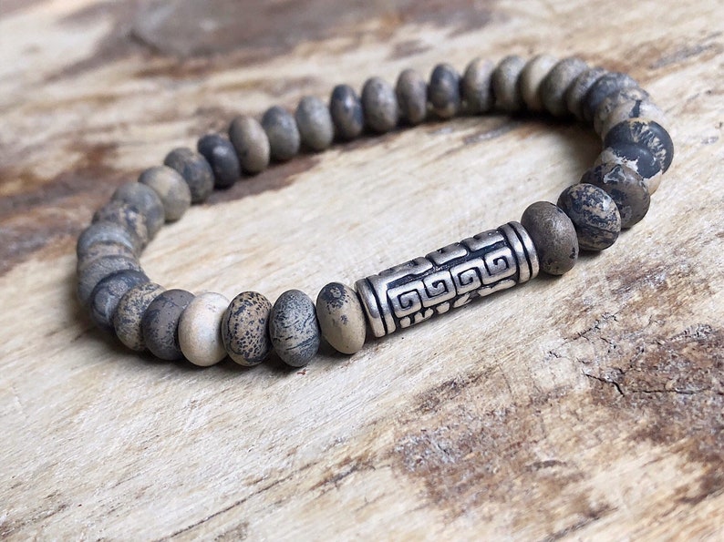 Mens Yellow Grass Jasper Bracelet and Sterling Silver Greek Key Mens Bracelet Gemstone Bracelet Men Mens Beaded Bracelet