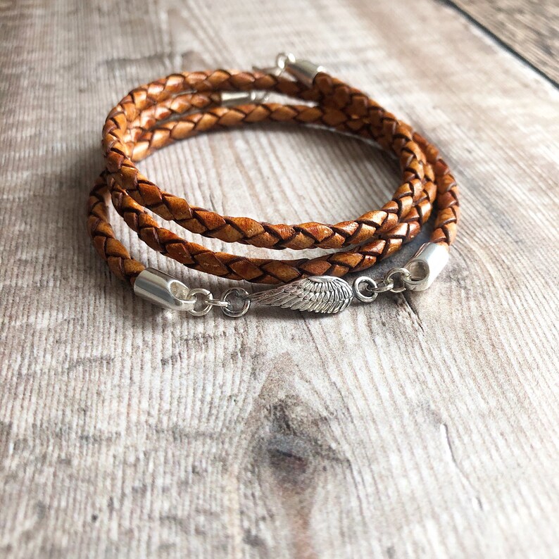 Sterling Silver /& Leather Bracelet Leather Wrap Bracelet Braided Leather Bracelet Angel Wing Jewellery Sideways Angel Wing Bracelet