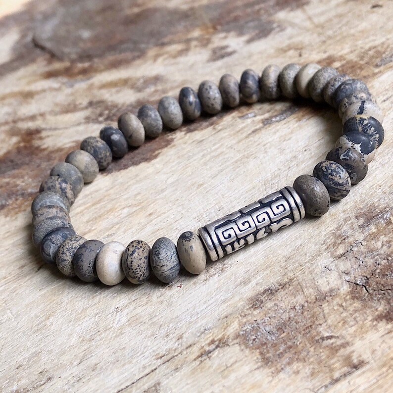 Mens Yellow Grass Jasper Bracelet and Sterling Silver Greek Key Mens Bracelet Gemstone Bracelet Men Mens Beaded Bracelet