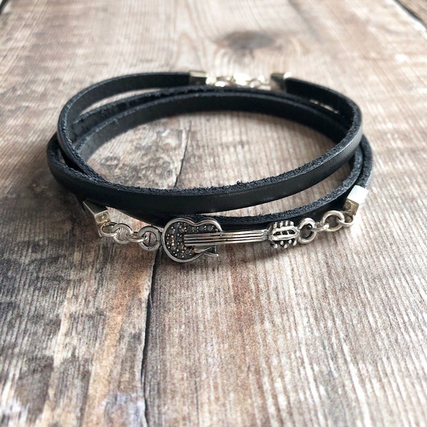 Guitar Bracelet, Sideways Guitar Bracelet, Sterling Silver & Leather Bracelet, Leather Wrap Bracelet, Guitar Jewellery, Gift for men