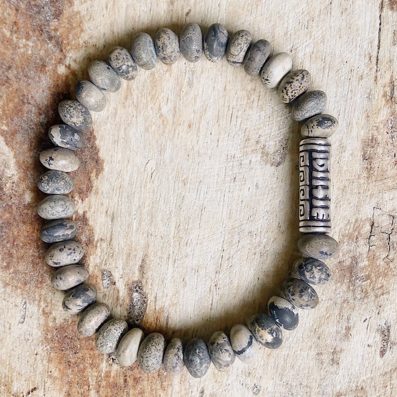 Mens Yellow Grass Jasper Bracelet and Sterling Silver Greek Key Mens Bracelet Gemstone Bracelet Men Mens Beaded Bracelet